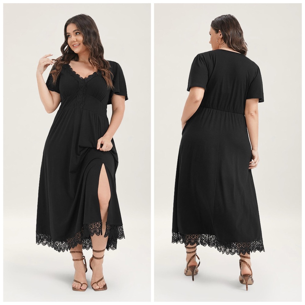 Bloomchic Solid Pocket Contrast Lace Split Maxi D… - image 7